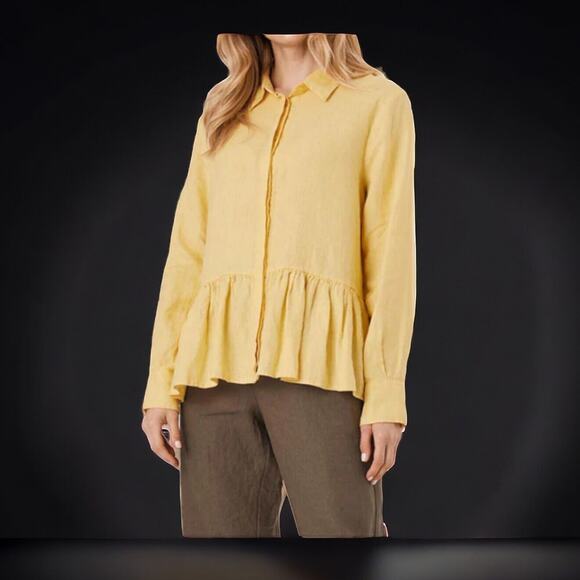 Masai Copenhagen Idana Linen Button-Up Yellow Blouse Size Medium - Peplum Hem - Picture 2 of 9